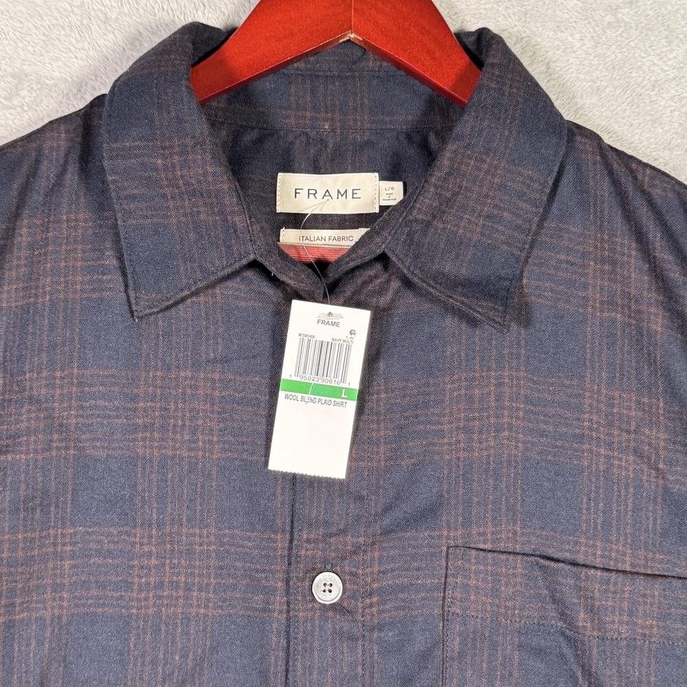 FRAME Shirt Mens Large Navy Plaid Italian Wool Long Sleeve Button Up Casual